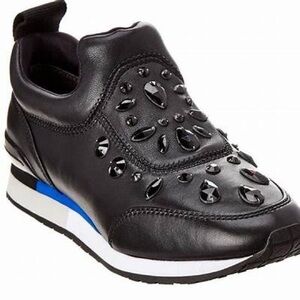 TORY BURCH LANEY CRYSTAL EMBELLISHED SLIP-ON BLACK LEATHER SNEAKERS SIZ…